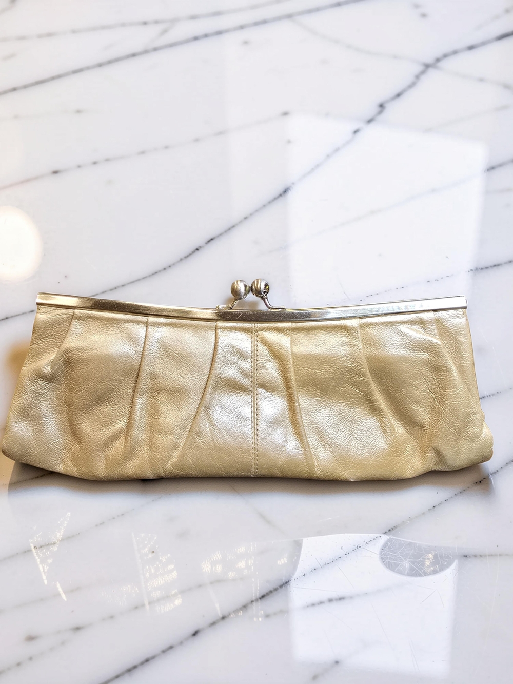 HOBO Metallic Gold Pleated Leather Alison Kisslock Clutch Vintage